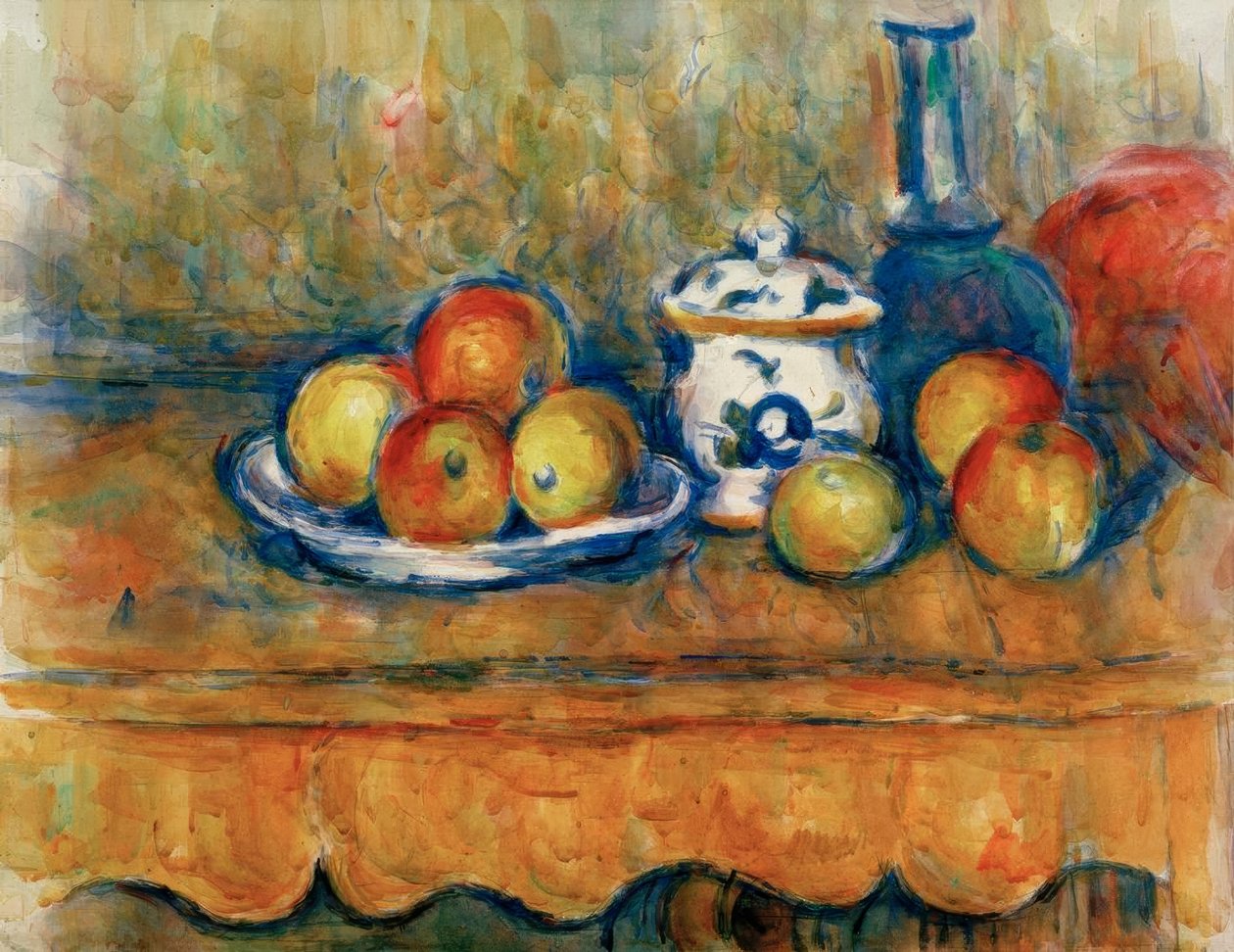 Æbler, karaffel og sukkerskål af Paul Cézanne