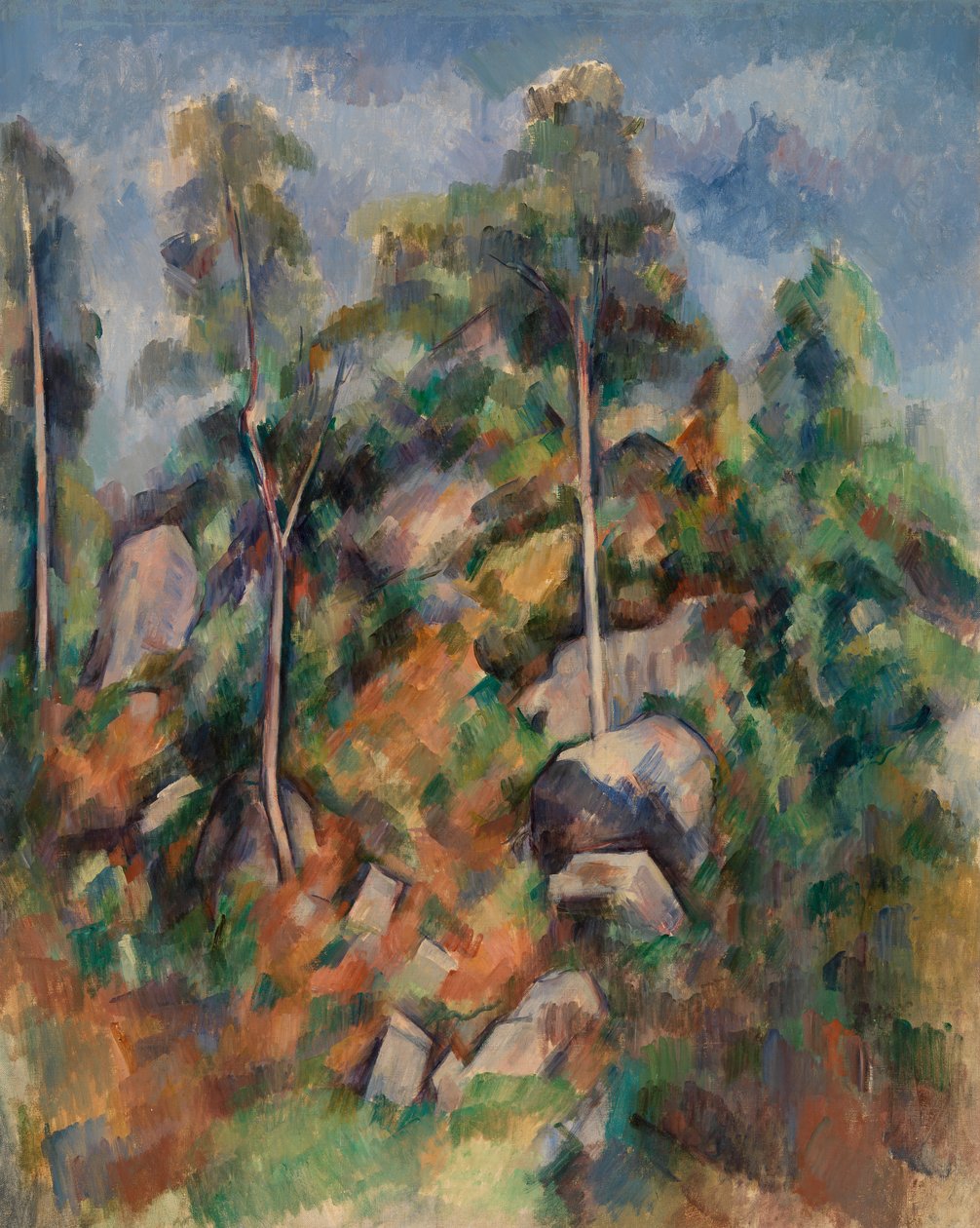 Klipper og træer af Paul Cézanne