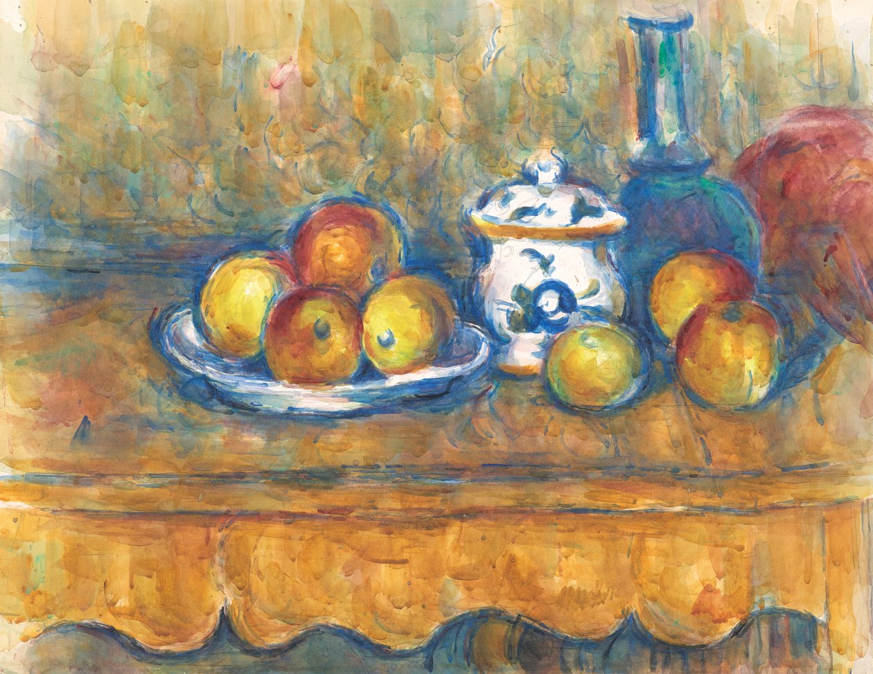 Stilleben med blå flaske, sukkerskål og æbler af Paul Cézanne