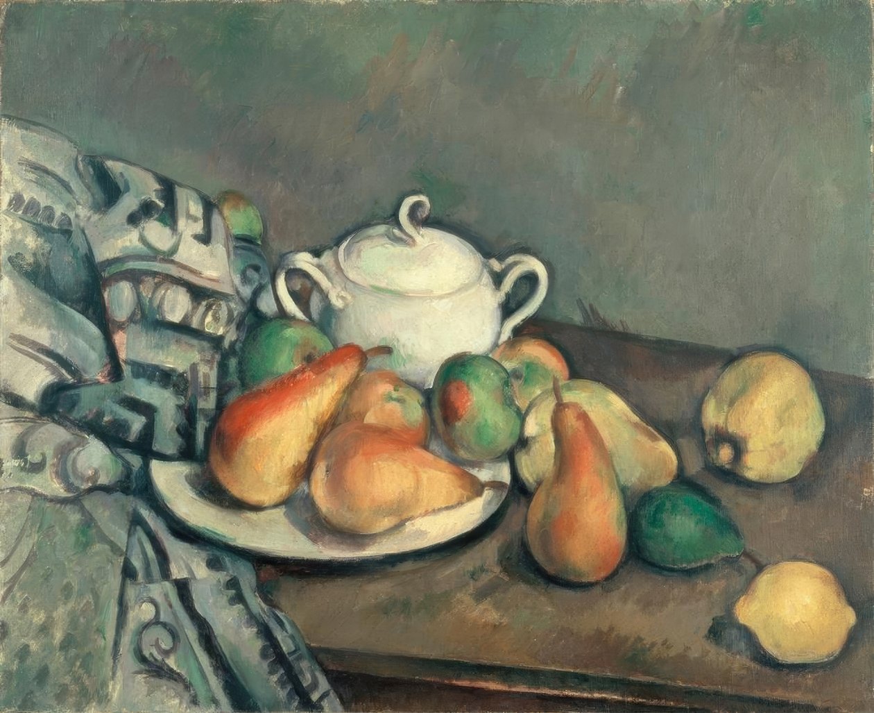 Sukkerskål, pærer og måtter af Paul Cézanne
