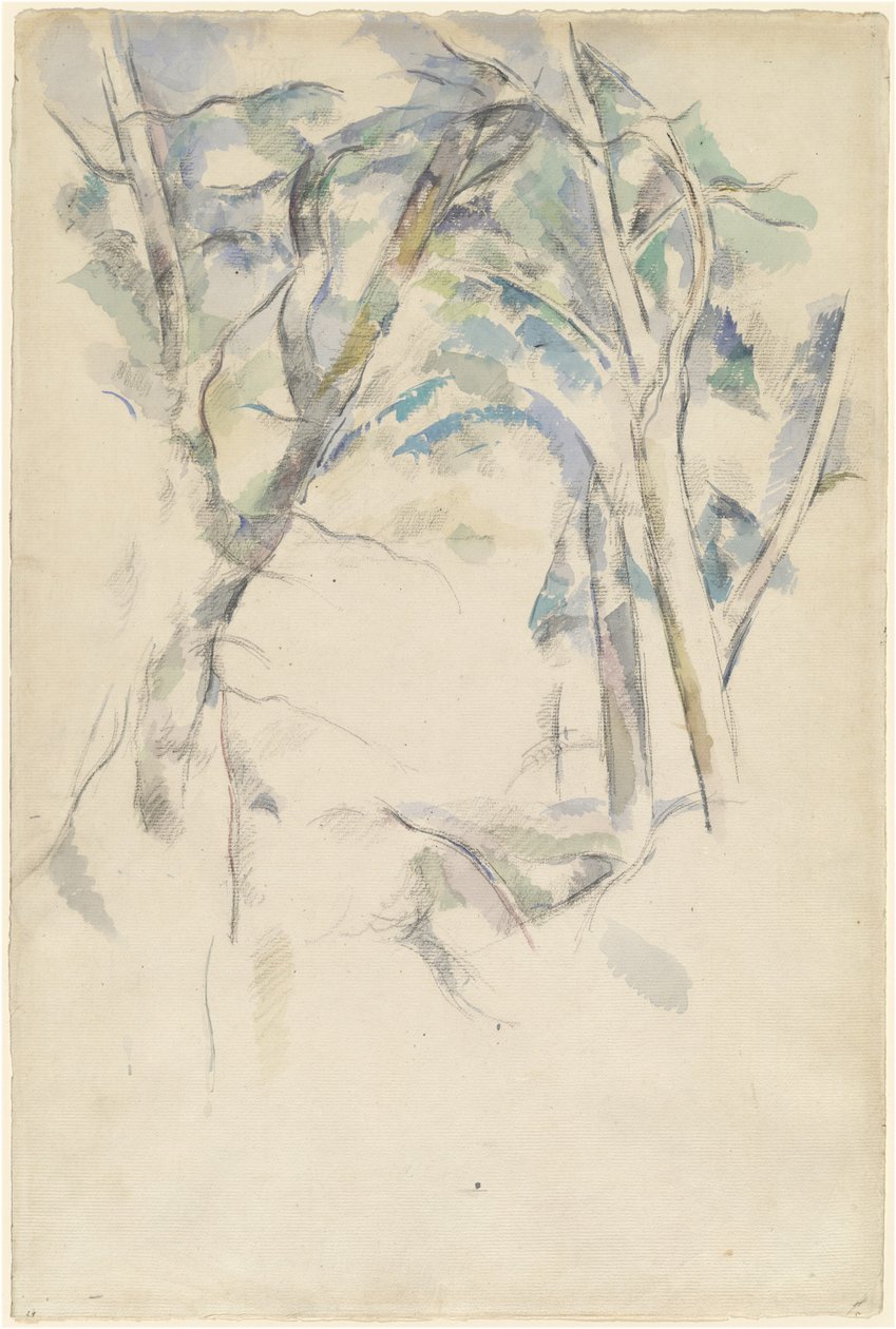 Træer læner sig over klipper, ca. 1892. af Paul Cézanne