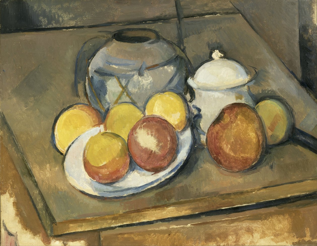 Vase, sukkerskål og æbler af Paul Cézanne