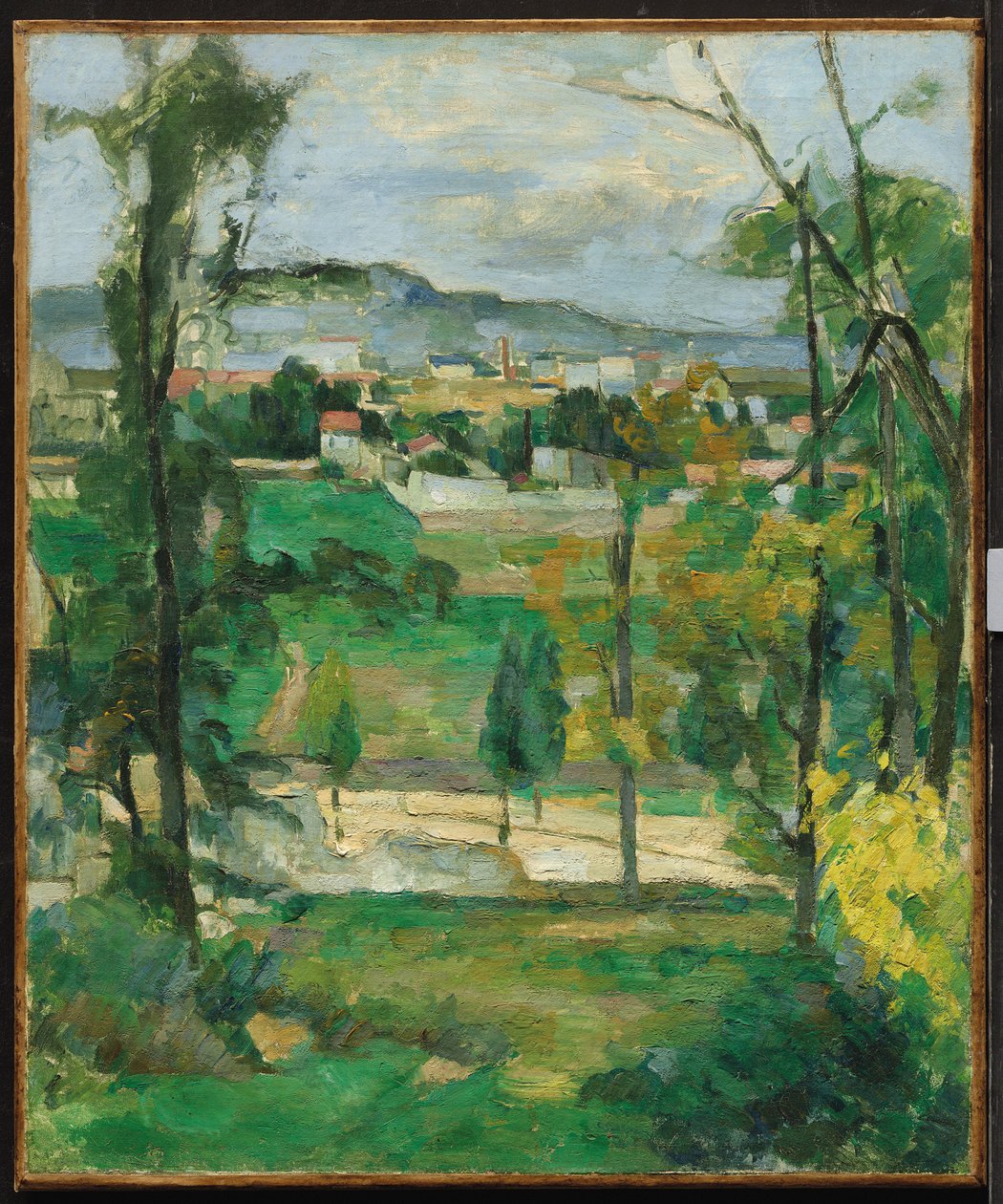 Landsby bag træer, Île-de-France, ca. 1879 af Paul Cézanne