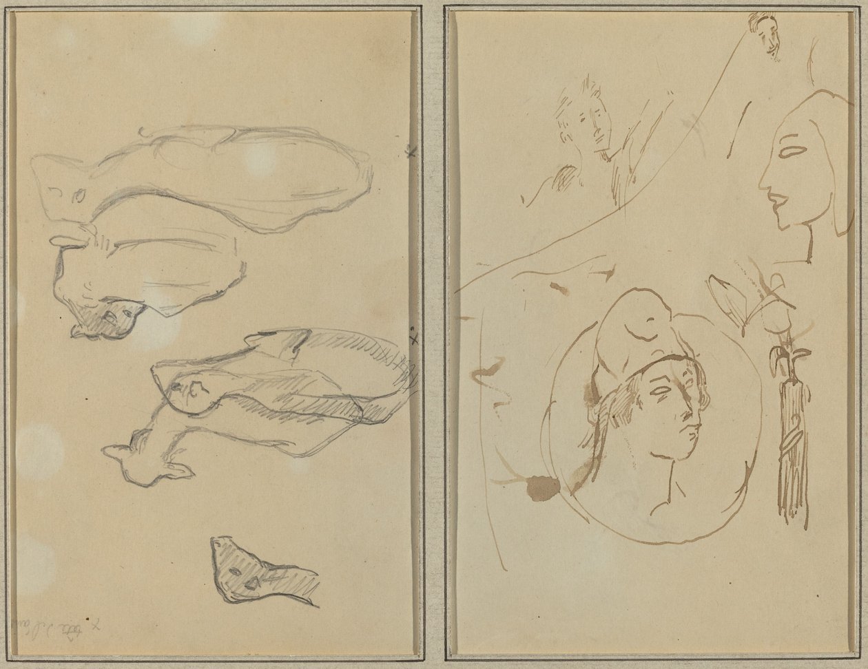 Fem Får; Fire hovedstudier [verso] af Paul Gauguin