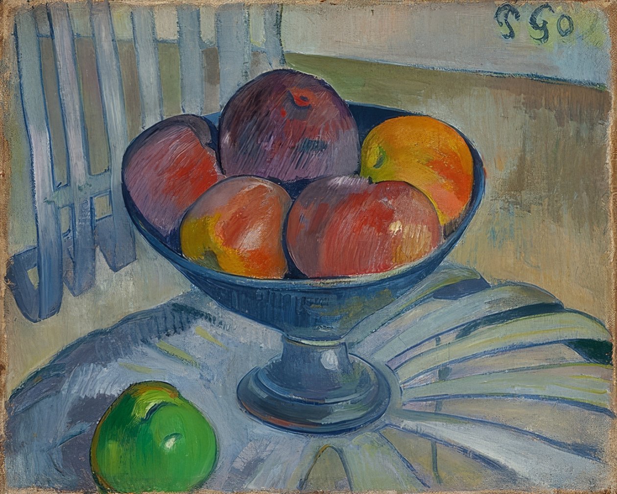 Skål med frugt på en havestol. Omkring 1890 af Paul Gauguin