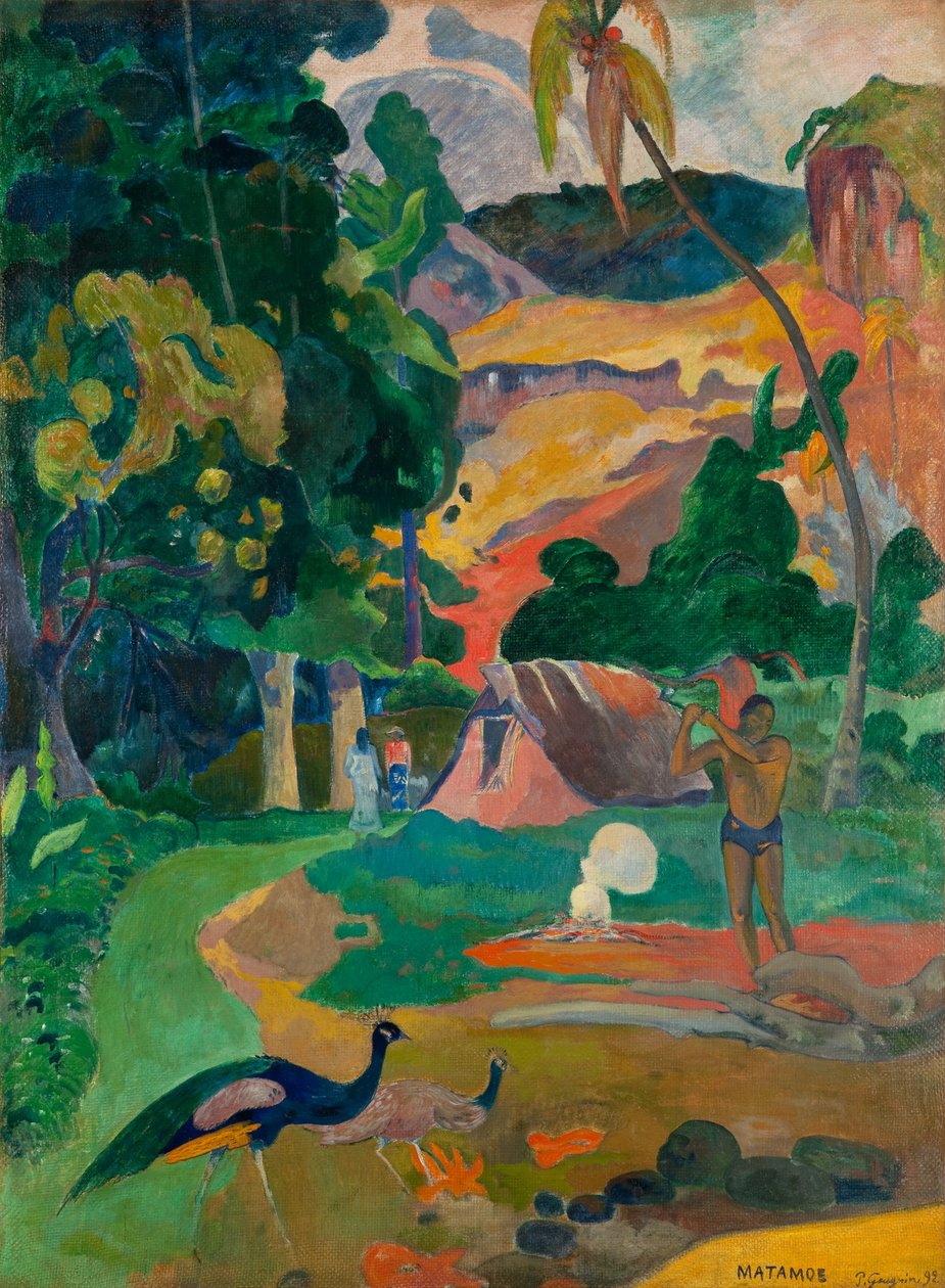 Tahitiansk:  Matamoe Matamoe (Død), Landskab med påfugle af Paul Gauguin