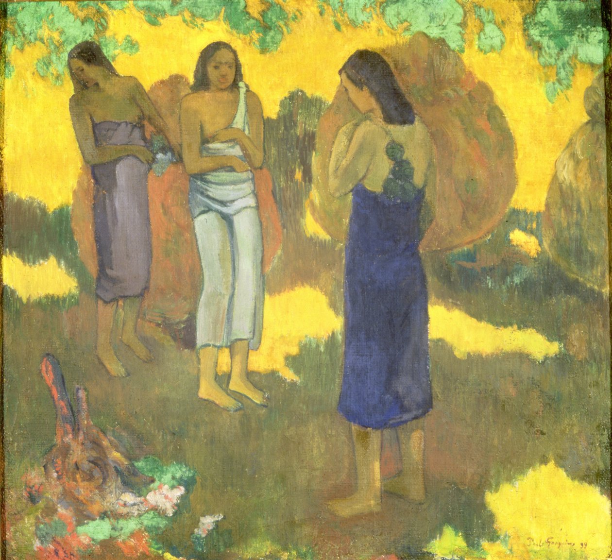 Tre Tahitianske kvinder mod en gul baggrund af Paul Gauguin