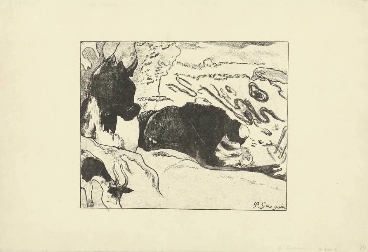 To vaskekoner vasker tøj i nærheden af ​​vand Les Lavandieres af Paul Gauguin