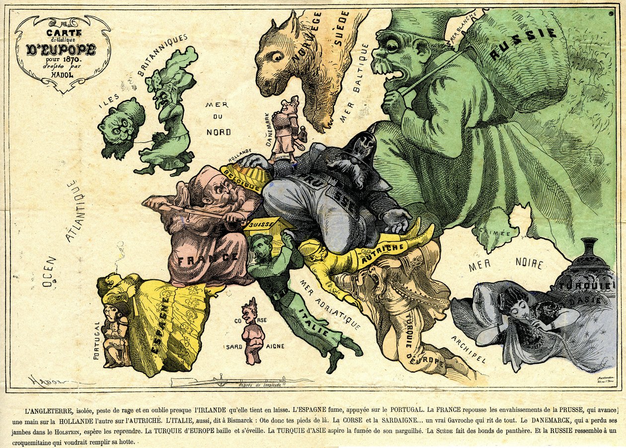 Drolatisk kort over Europa for 1870 af Paul Hadol