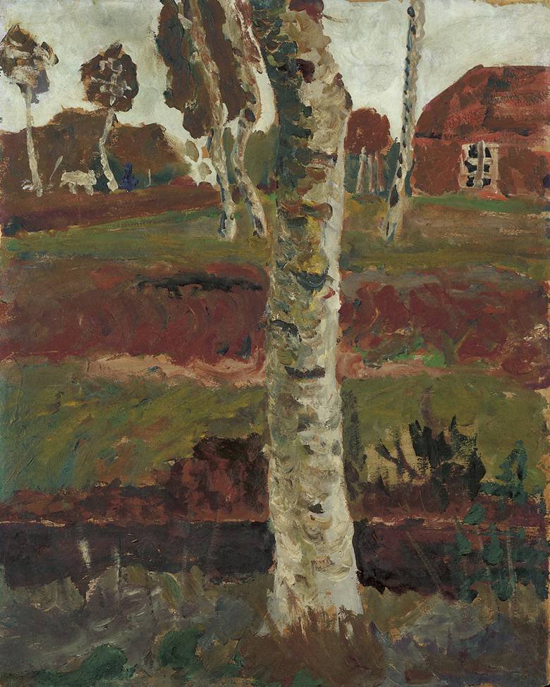 Birkestamme ved voldgraven foran landskab med hus af Paula Modersohn Becker