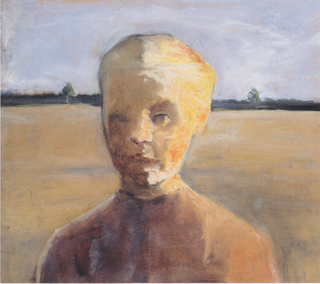 Halvlangt portræt af en pige i solen foran et bredt landskab af Paula Modersohn Becker