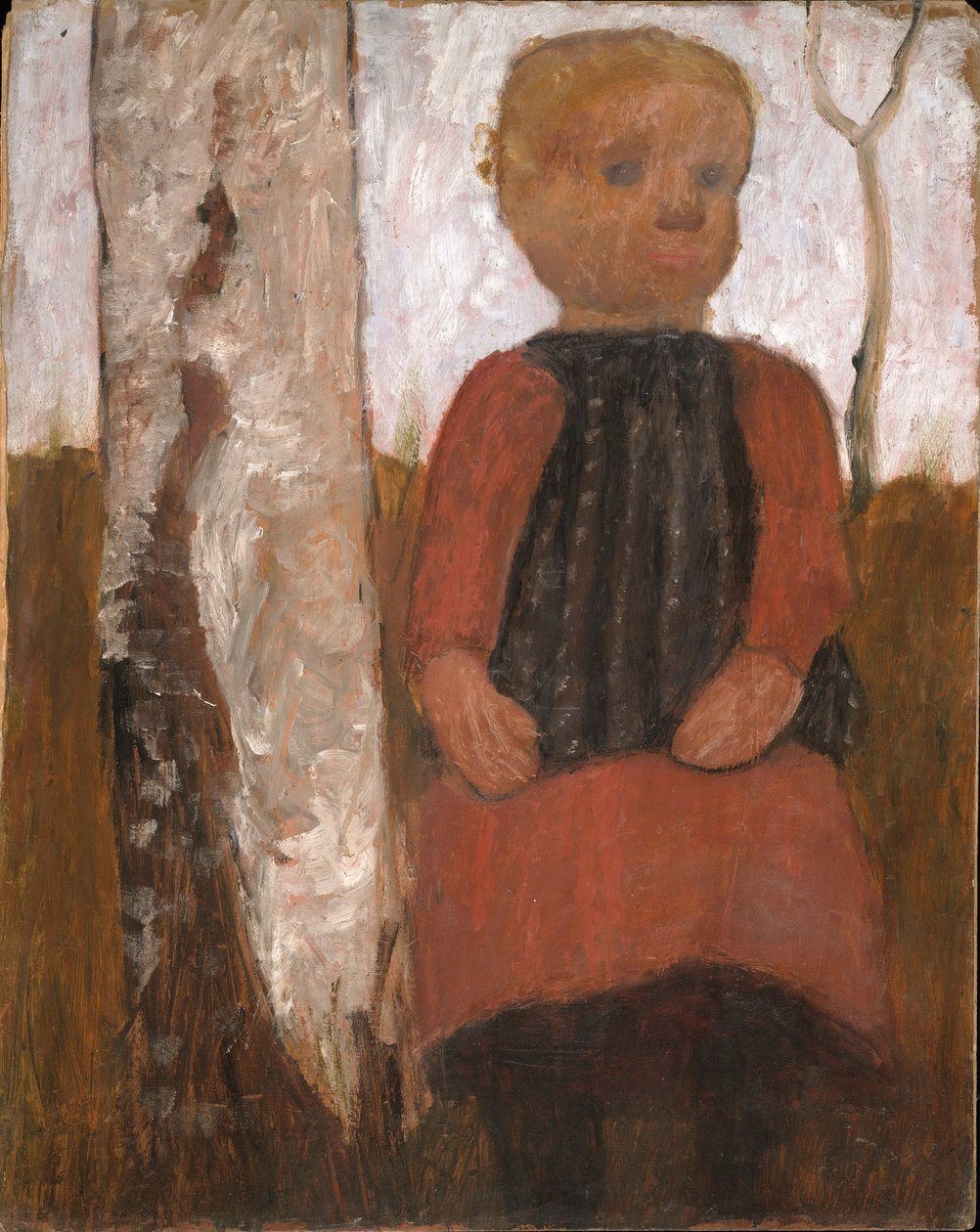 Barn i rød kjole på birkestammen af Paula Modersohn Becker