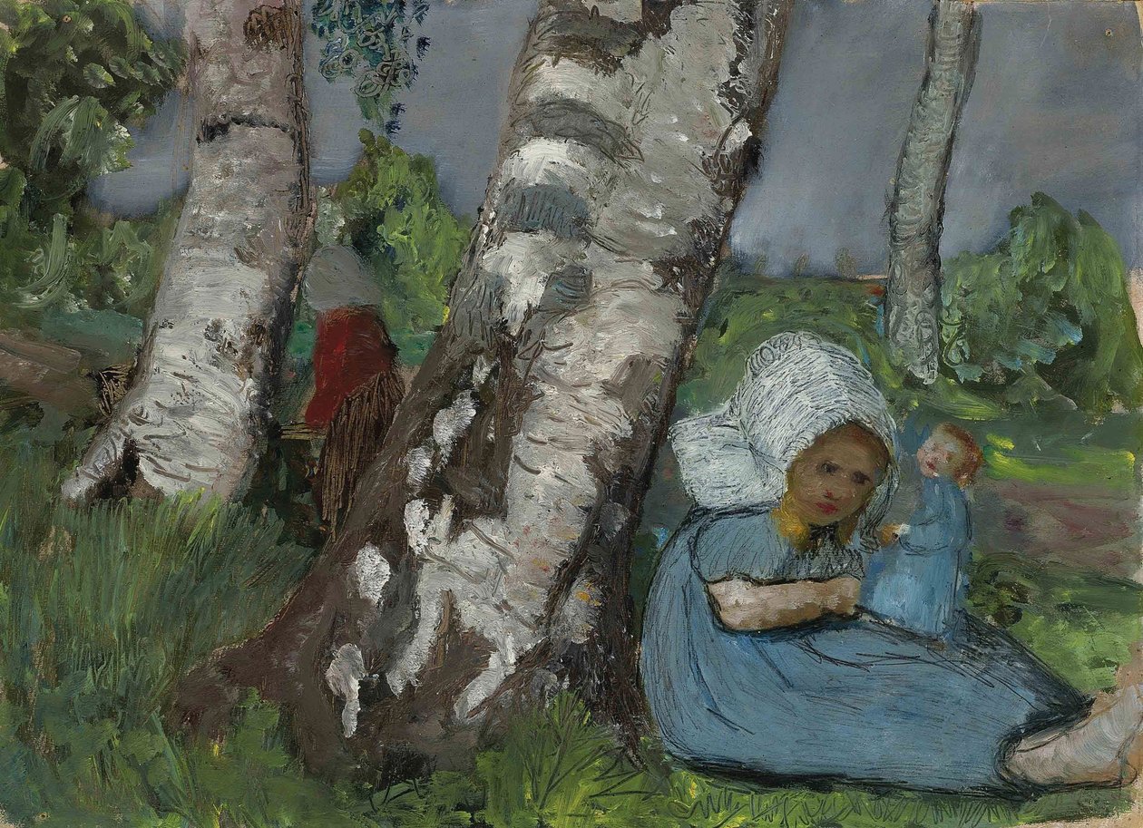 Barn med dukke sidder på birkestammen af Paula Modersohn Becker