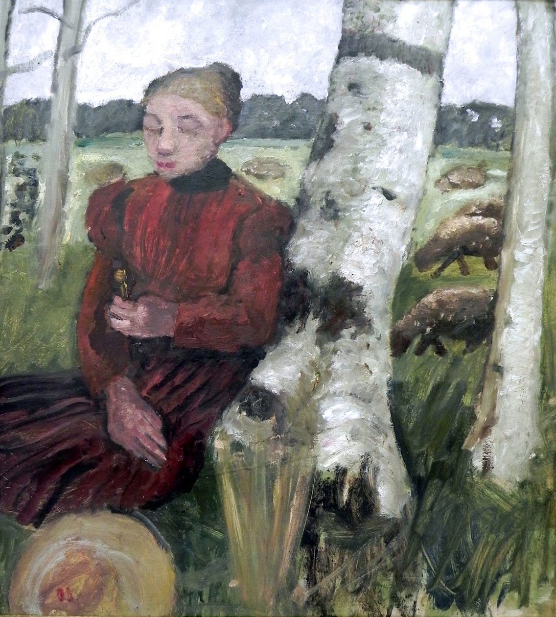 Pige hviler på birkestammen, flok får i baggrunden af Paula Modersohn Becker