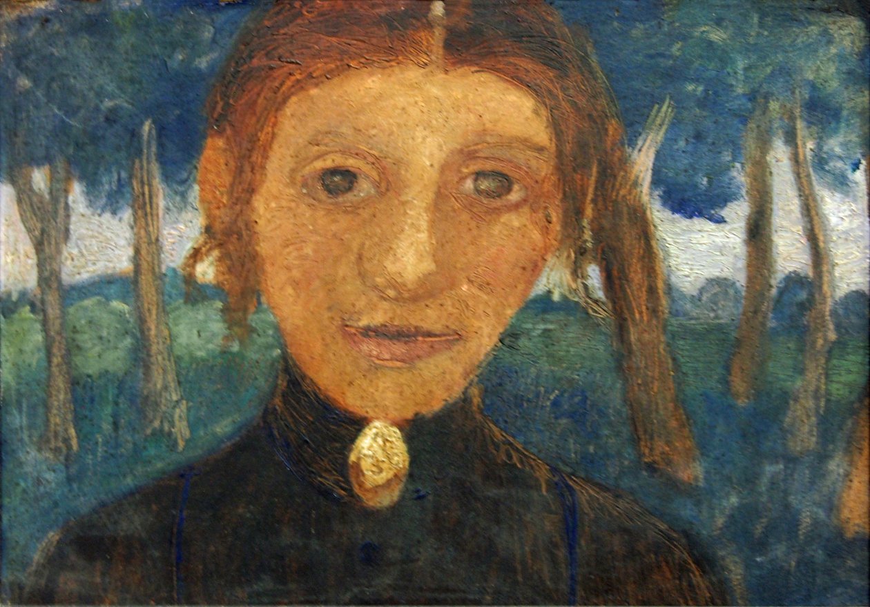 Selvportræt med landskab foran træer af Paula Modersohn Becker