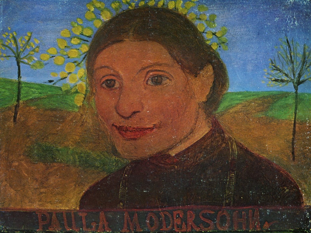 Selvportræt foran blomstrende træer af Paula Modersohn Becker