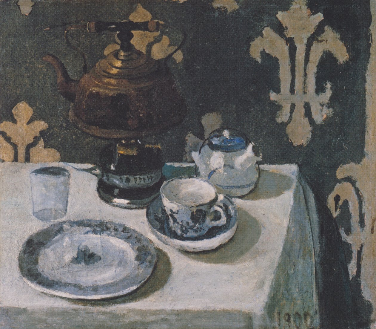 Stilleben med blåt og hvidt porcelæn og tekedel af Paula Modersohn Becker