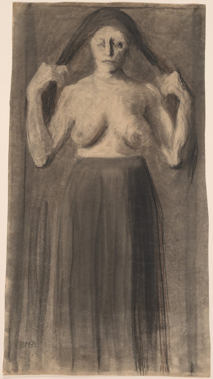 Halvnøgen kvinde, der holder sit hår fra hinanden af Paula Modersohn Becker