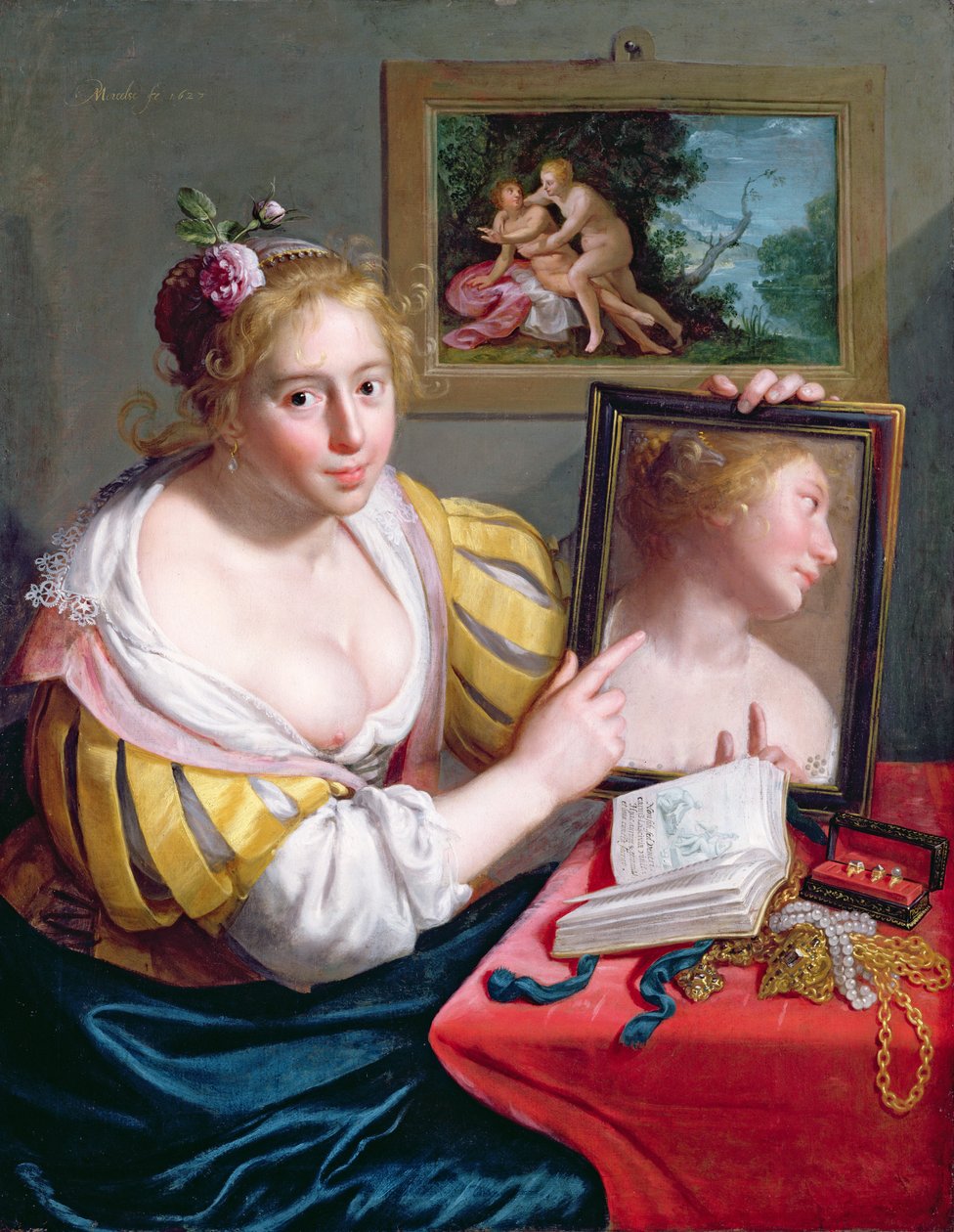 Pige med et spejl, en allegori om profan kærlighed, 1627 af Paulus Moreelse