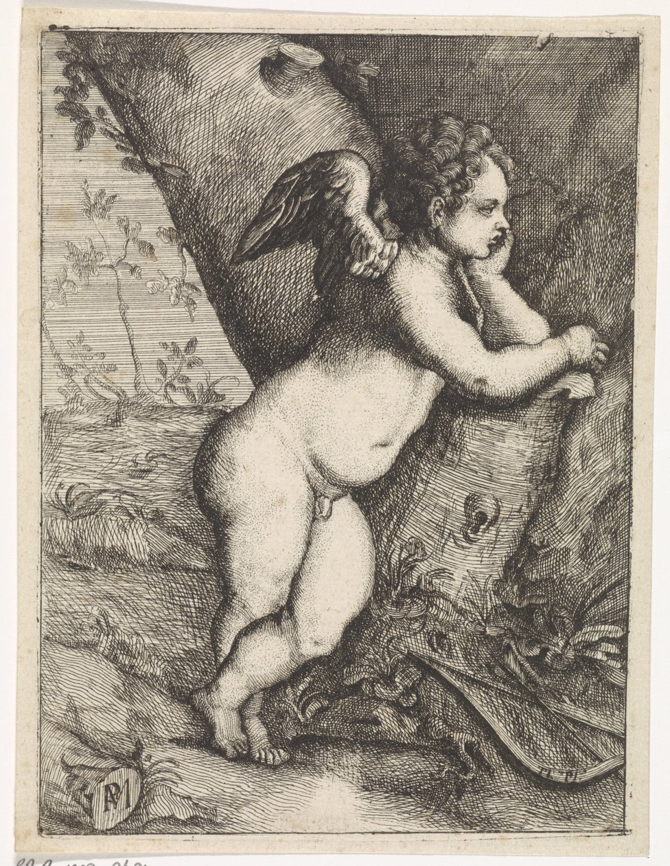 Amor funderer ved en træstamme af Paulus Moreelse