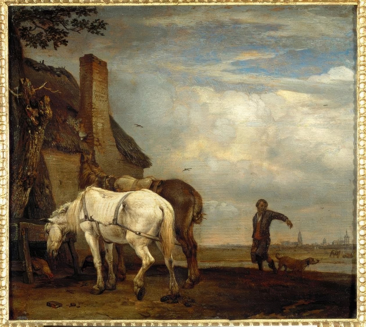 To heste foran en bondegårdshytte. af Paulus Potter