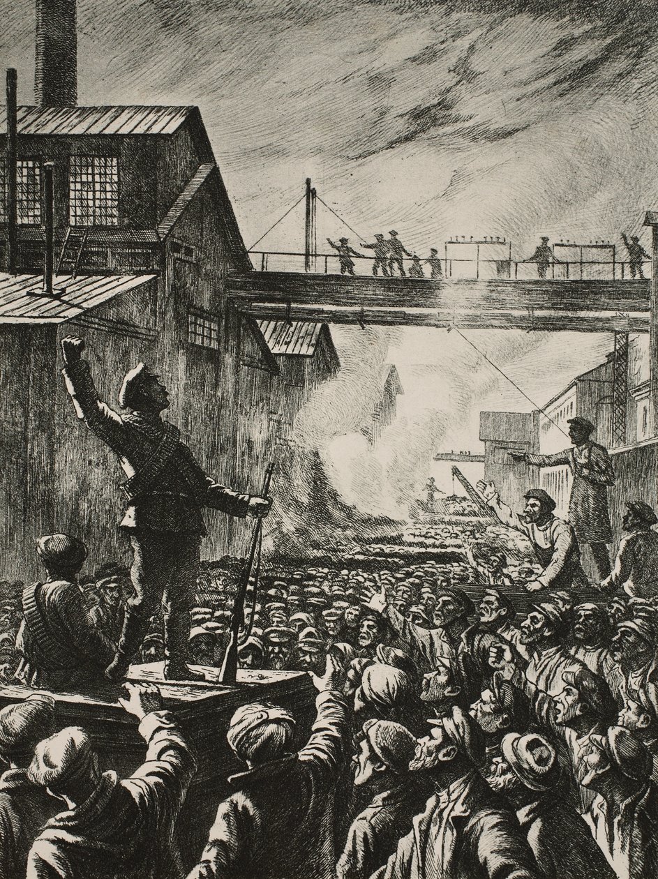 Julidagene i Petrograd: maskingeværere opfordrer Putilov-arbejderne til at støtte aktionen mod den foreløbige regering af Pavel Alexandrovich Shillingovsky