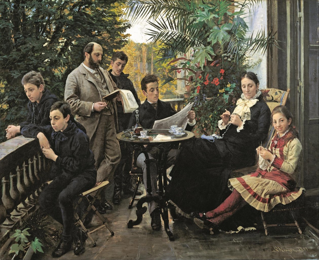 Familieportrættet af Hirschsprung. Fra venstre Ivar, Aage, Heinrich, Oscar, Robert, Pauline og Ell ... af Peder Severin Krøyer