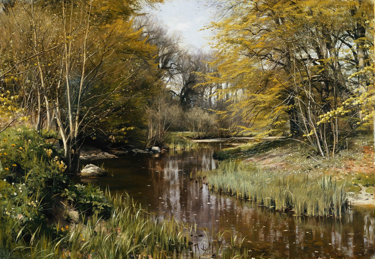 Et skovklædt flodlandskab af Peder Monsted