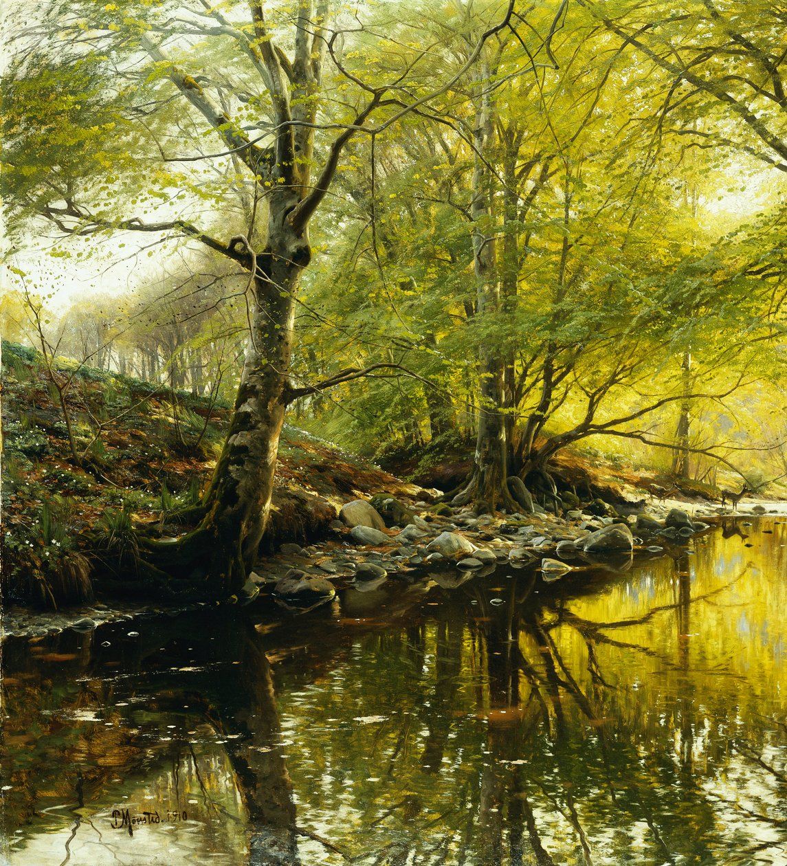 Et skovklædt flodlandskab af Peder Monsted