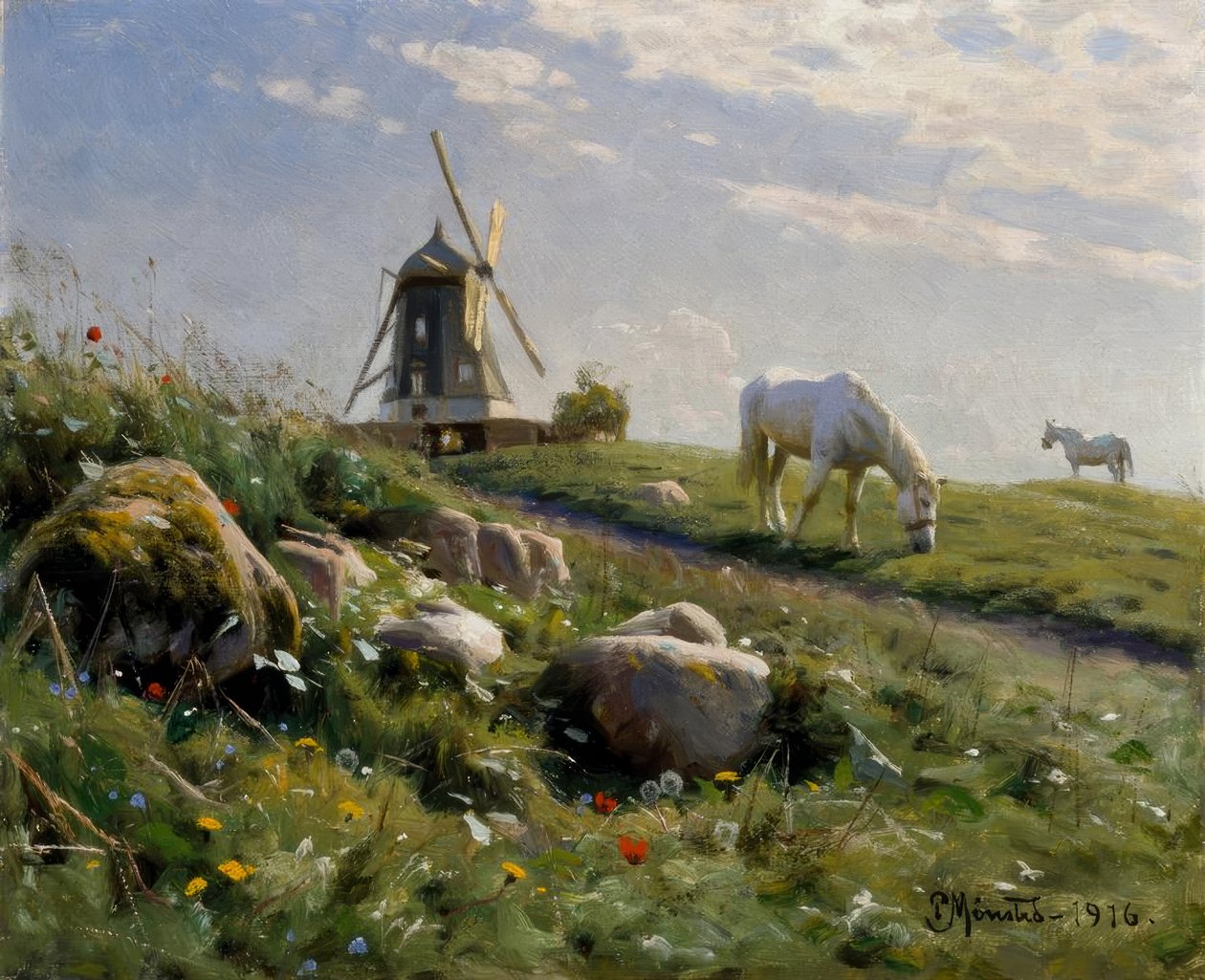 Græssende heste på sommereng af Peder Monsted