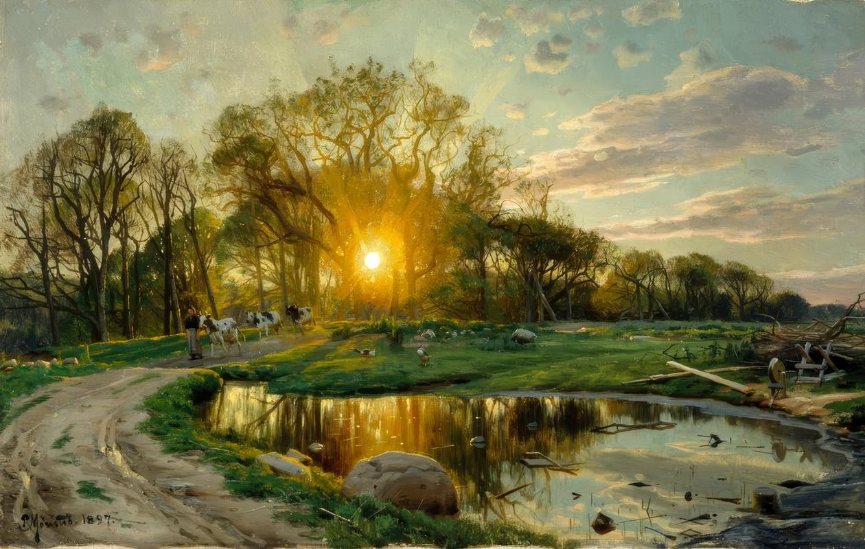At bringe køerne hjem ved solnedgang af Peder Monsted