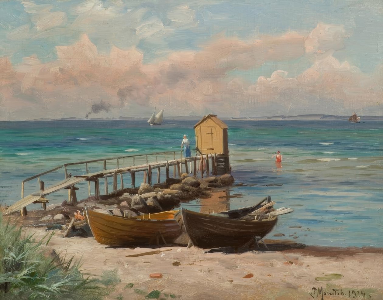 P.Mönsted, badehuse på stranden af Peder Monsted