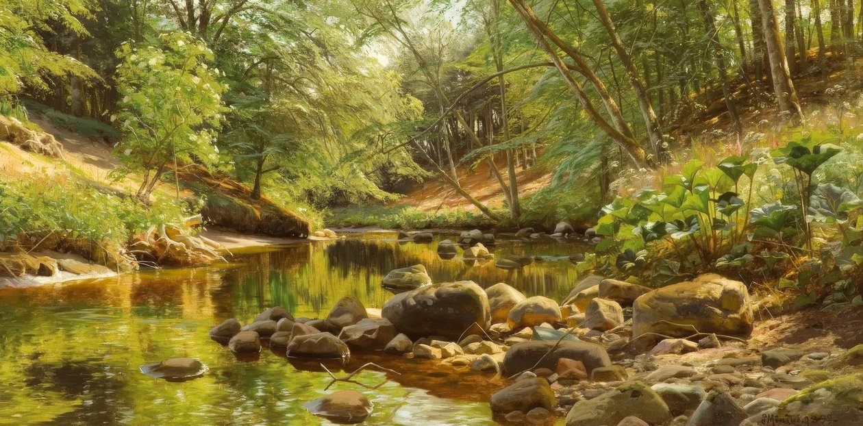 P.Mönsted, Sonniger Waldbach af Peder Monsted