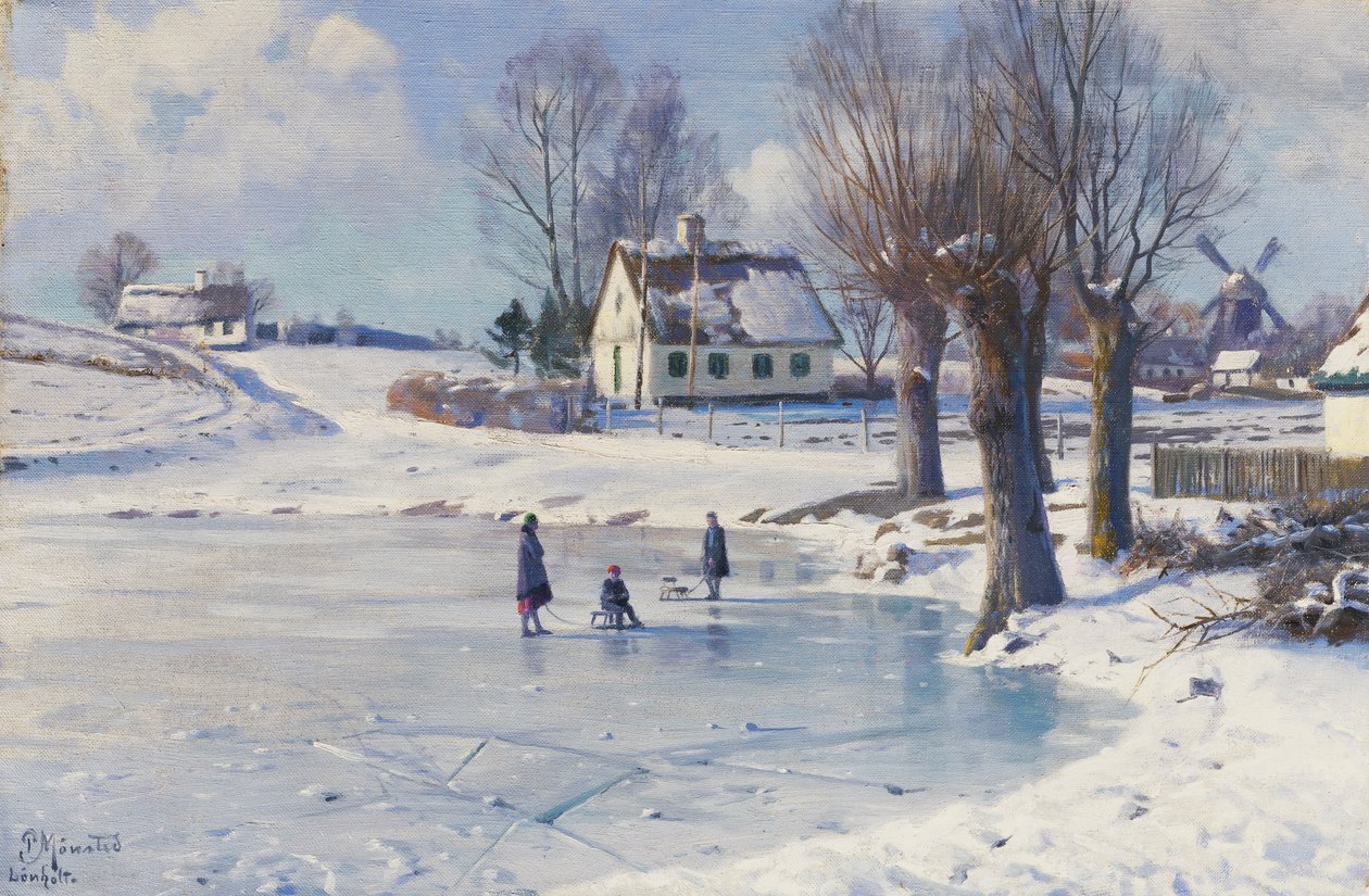 Slædekørsel på en frossen dam af Peder Monsted