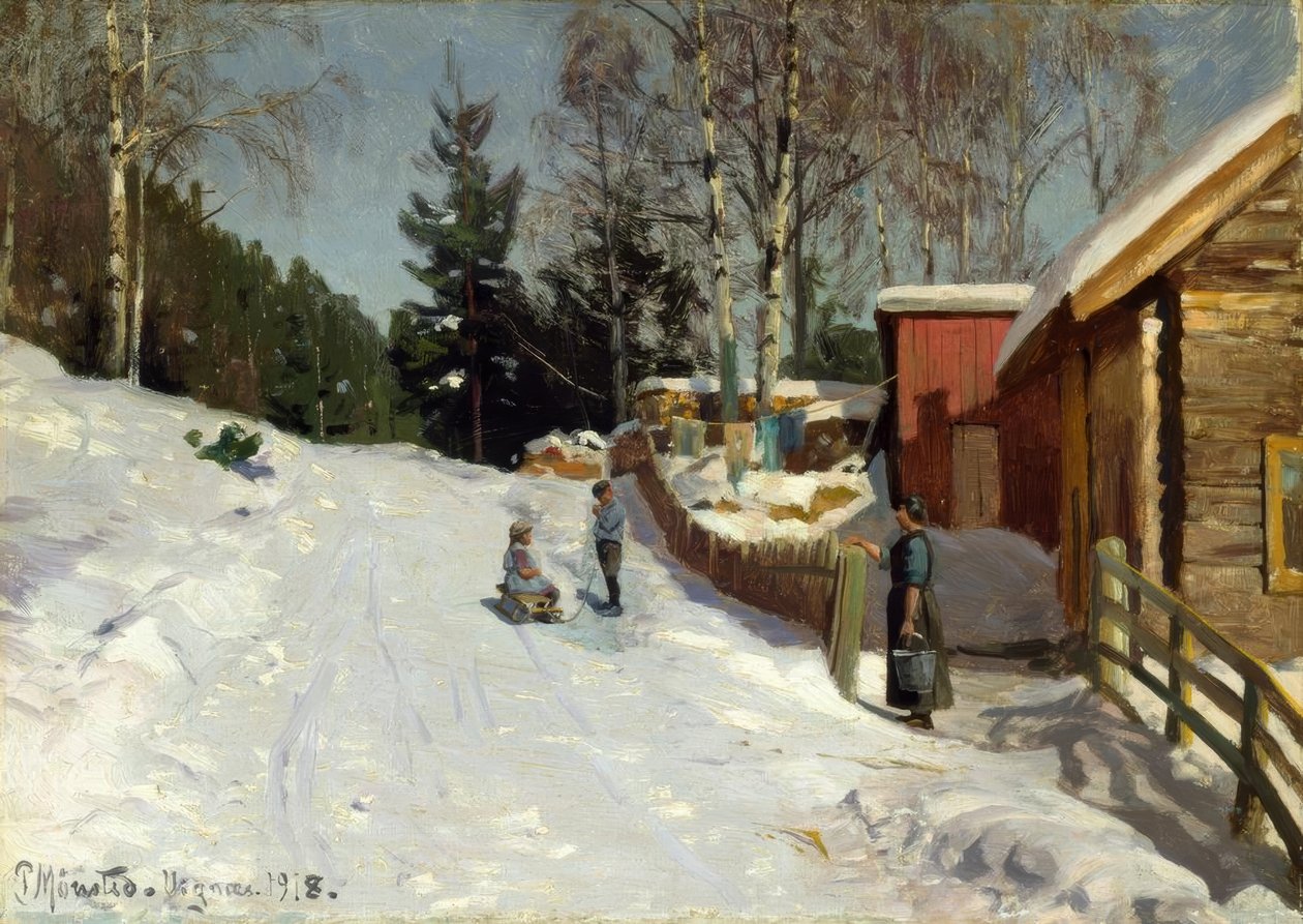 Børn leger på snedækkede landsbygade af Peder Monsted