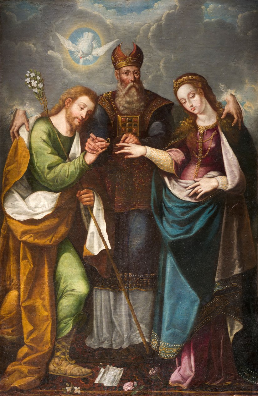 Jomfruens ægteskab, 1668 (olie på lærred på træpanel) af Pedro Ramirez
