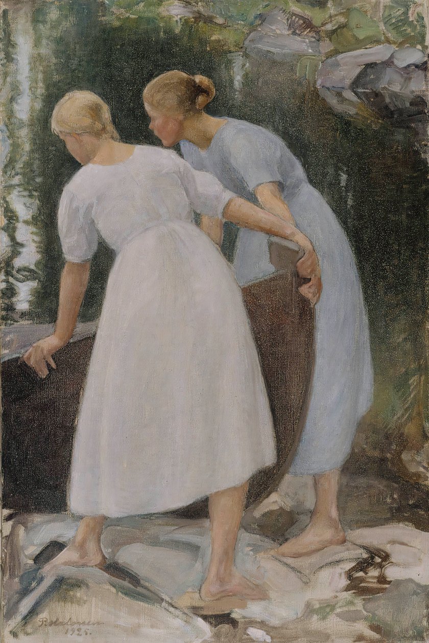 Piger, der skubber en båd, 1925. af Pekka Halonen