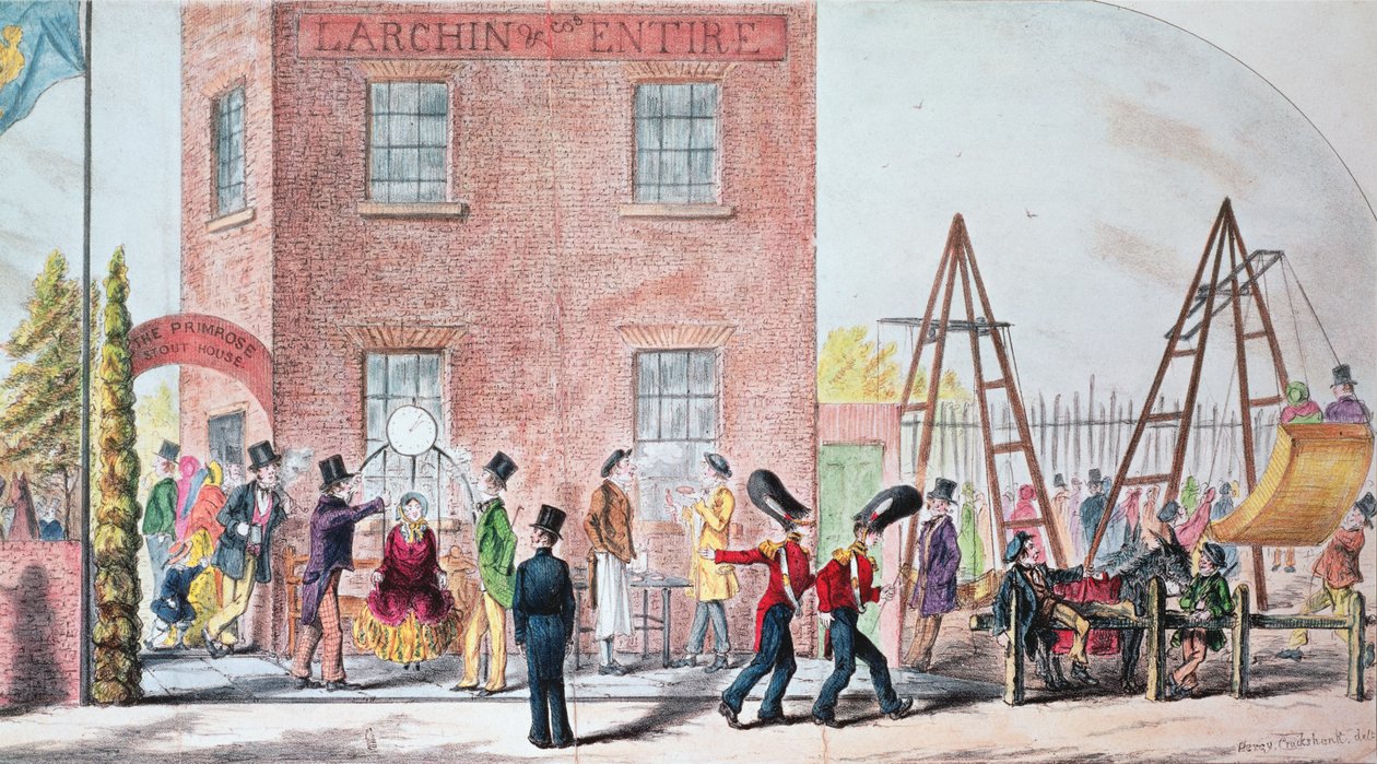 Messe (gynger) på Primrose Tavern, Chalk Farm (print) af Percy Cruikshank