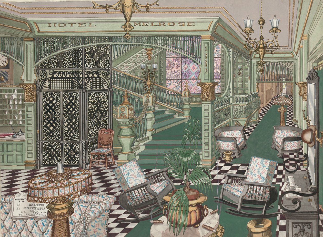 Melrose Hotel Lobby, 1880, ca. 1947. af Perkins Harnly
