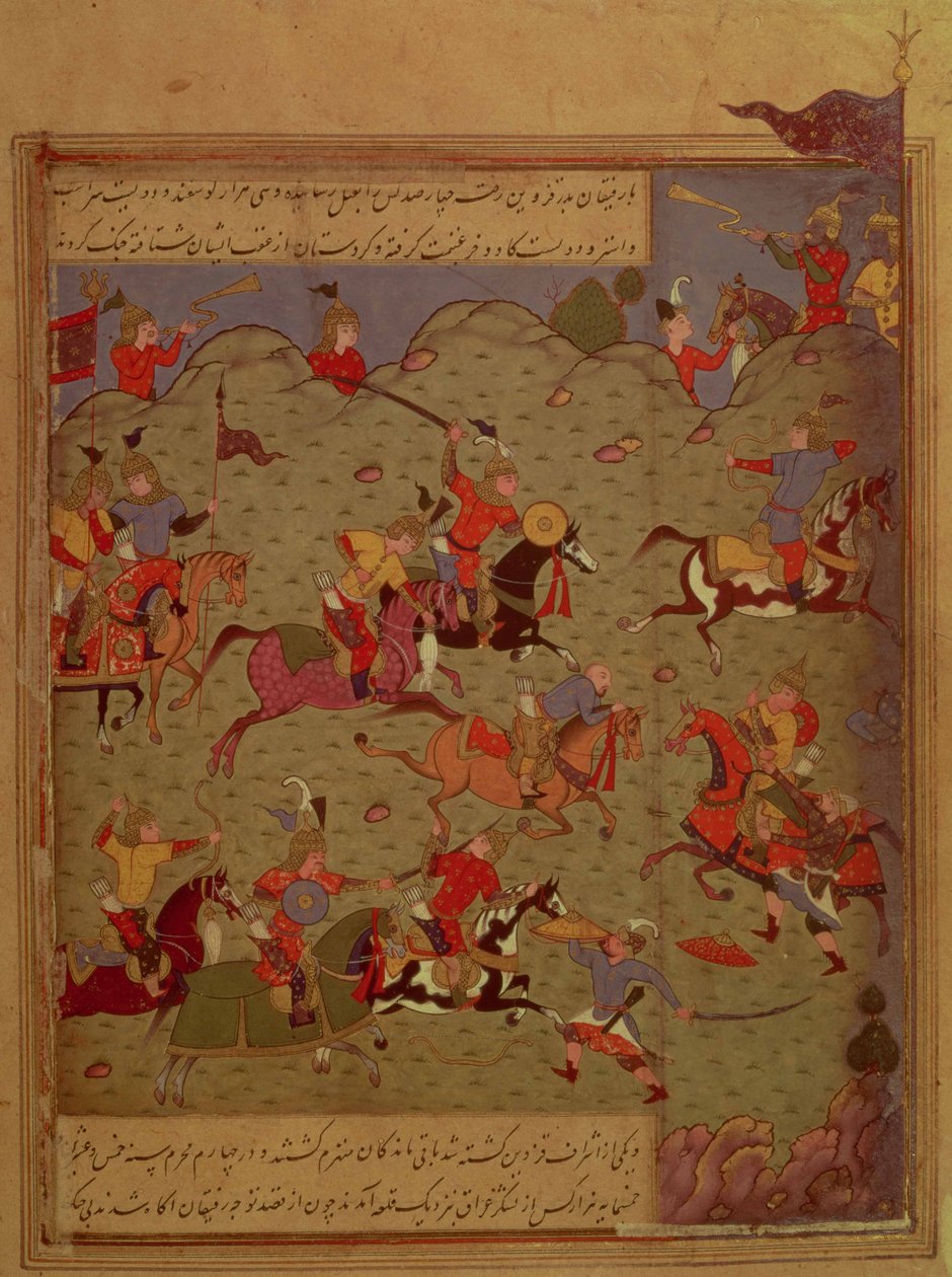 Codrington MS (nr. 249A). En kampscene fra Iskandar-nama af Nizami, ca. 1525 (wc, blæk og guld på papir) af Persian School