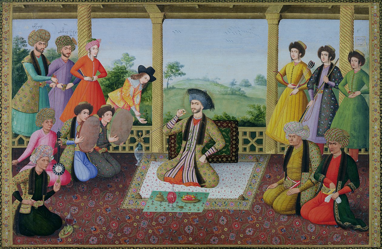 Ms E-14 f.98a Shah Suleyman II (1641-91) og hans hoffolk af Persian School