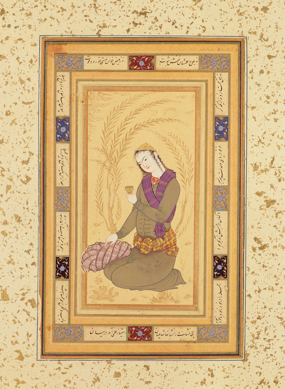 Siddende ungdom med en kop, fra Large Clive Album, ca. 1610-20 af Persian School