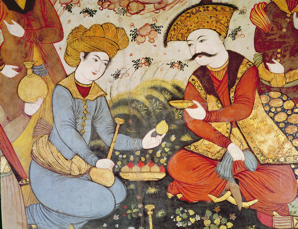 Shah Abbas I (1588-1629) og en hofmand, der tilbyder frugt og drikke (detaljer) af Persian School