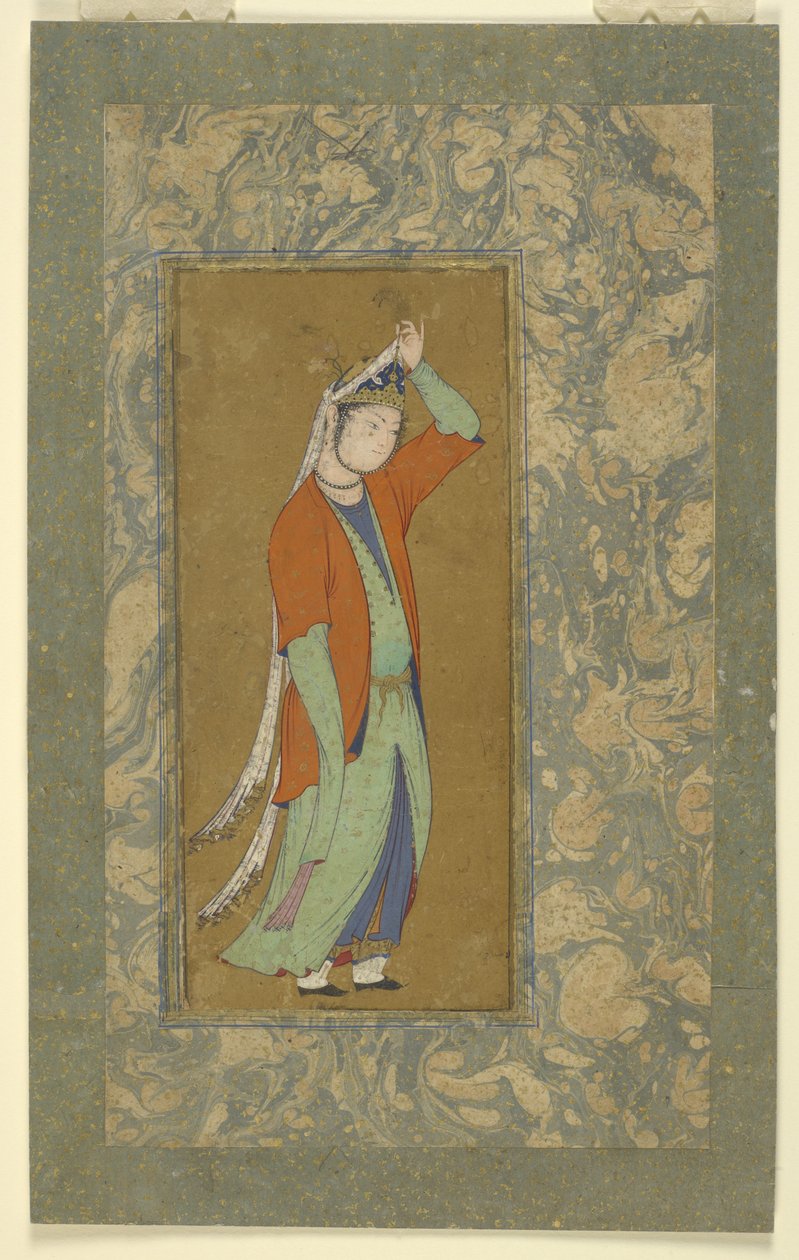 Kvinde justerer sin aigrette, ca. 1590 af Persian School