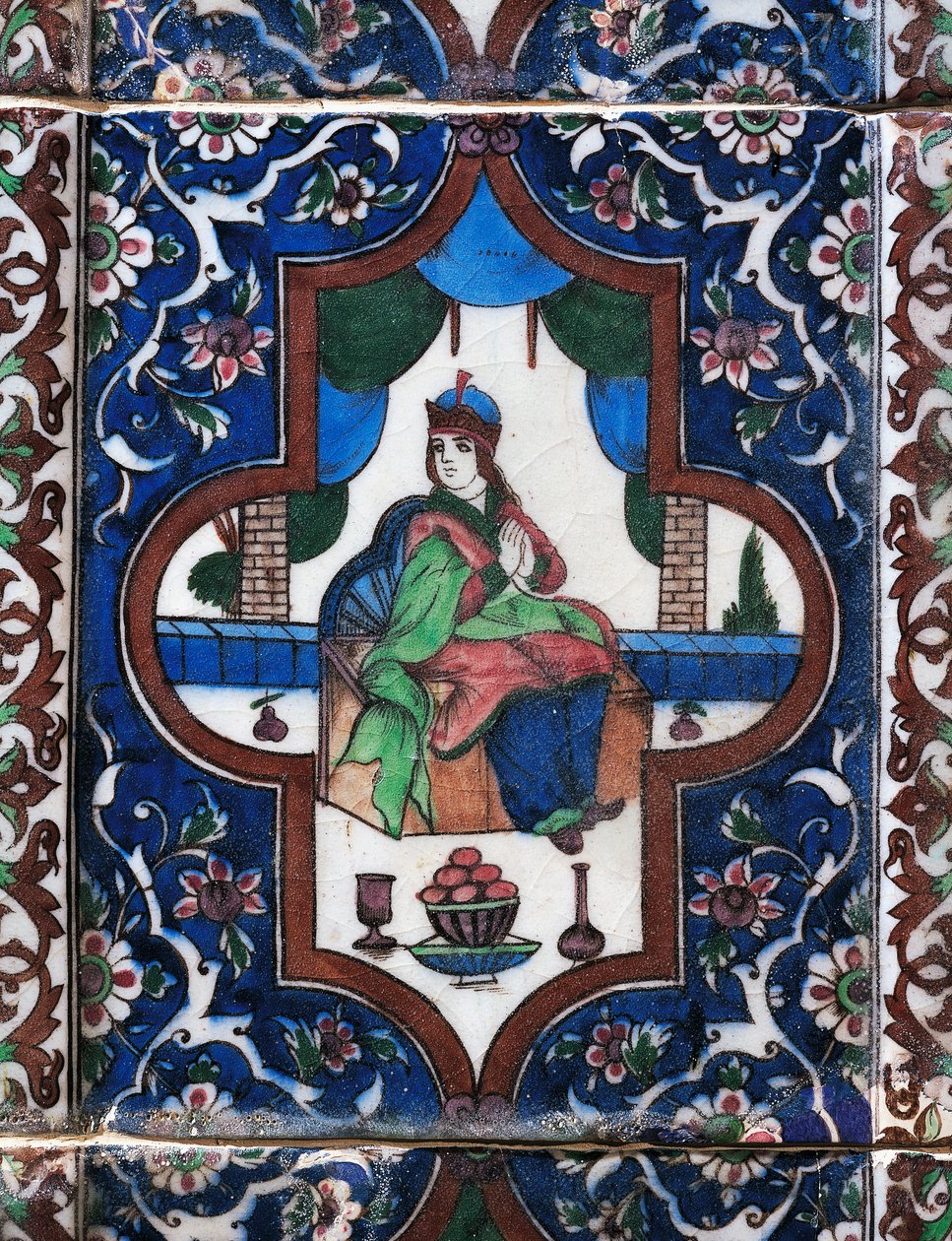 Kvinde siddende, malede keramiske fliser, persisk civilisation af Persian School