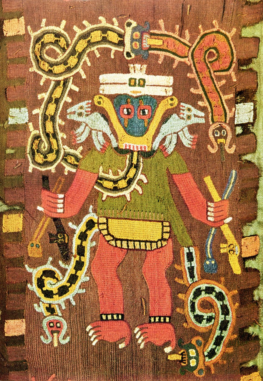 Broderet mytologisk figur, Paracas Necropolis Style af Peruvian School