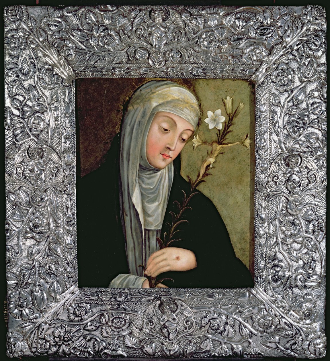 St. Catherine af Siena (olie på kobber) af Peruvian School