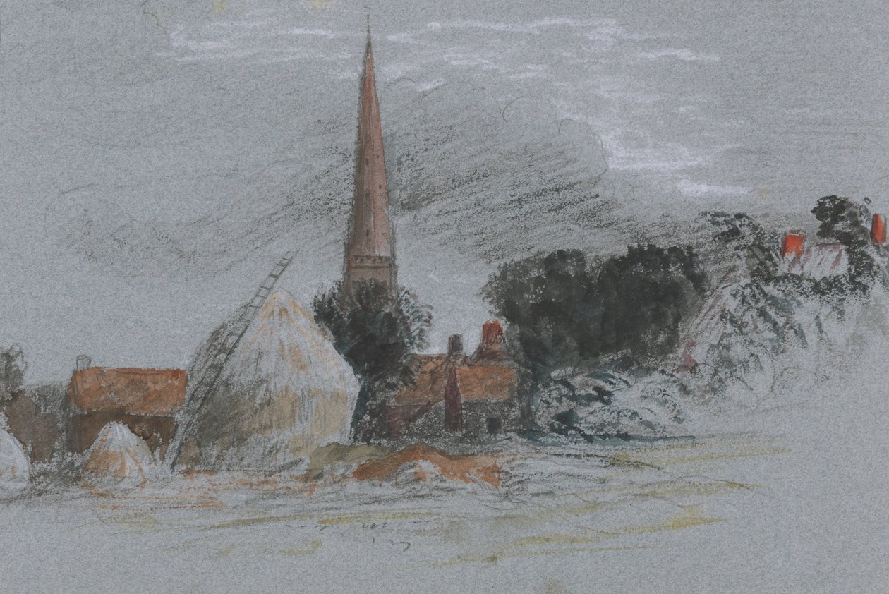 Landskabsundersøgelse- en høstak i nærheden af en kirke af Peter de Wint