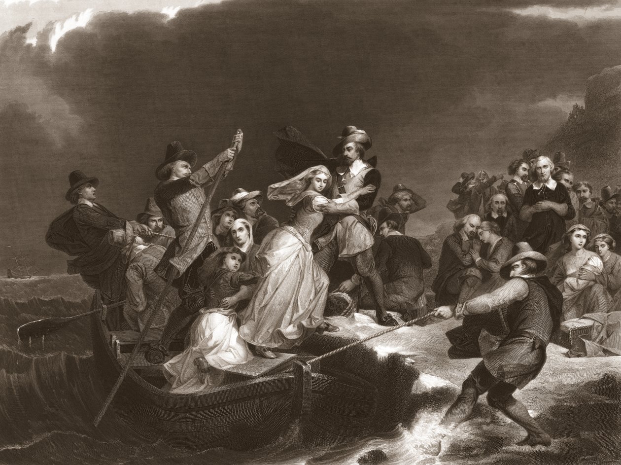 Pilgrimme lander ved Plymouth Rock i 1620, pub.1869 af Peter Frederick Rothermel