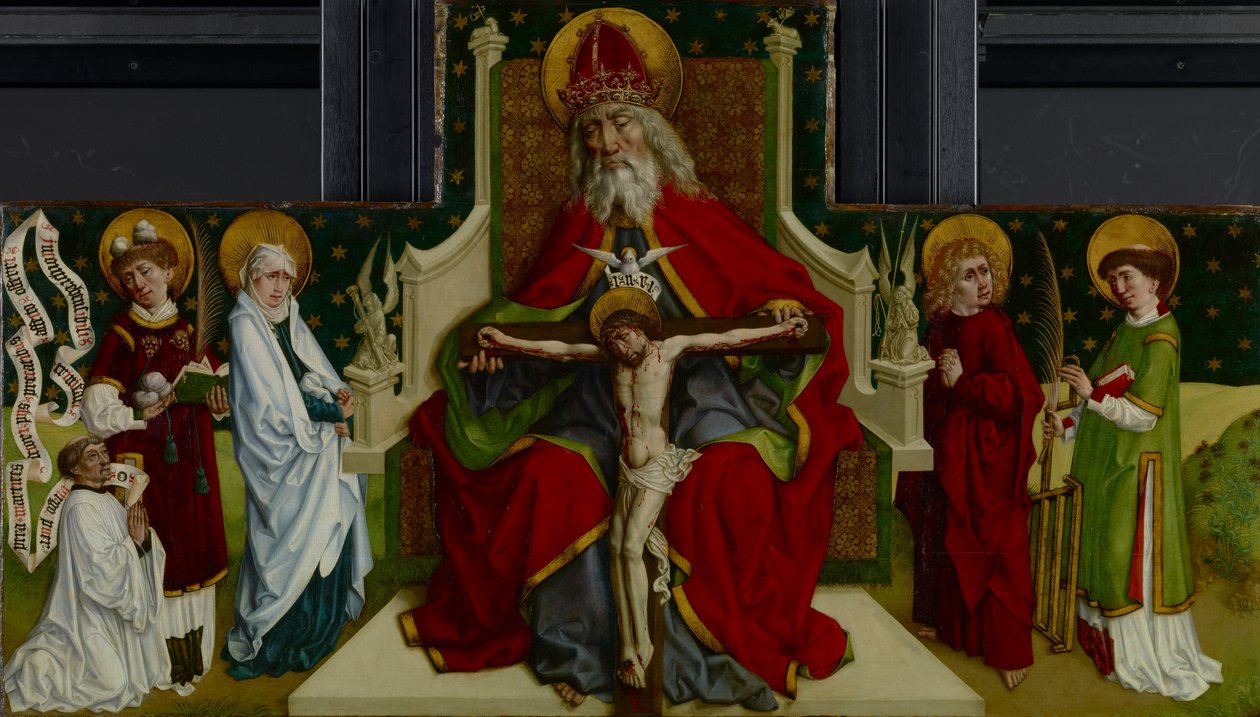 Treenigheden med jomfruen, de hellige Johannes evangelisten, Stephen og Lawrence og en donor, 1479 af Peter Hemmel